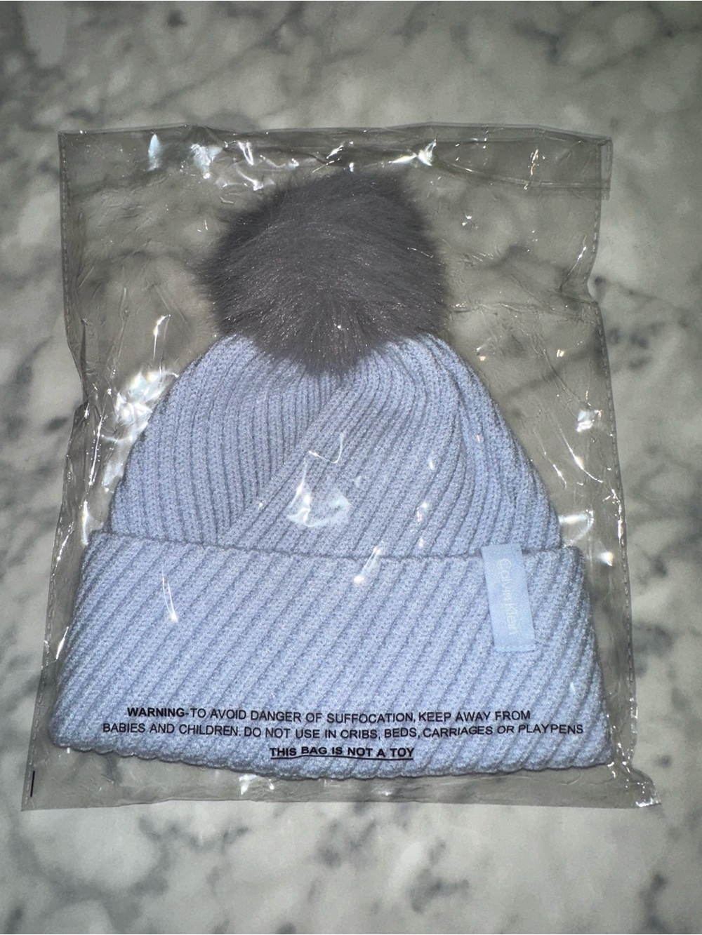 Calvin Klein Light Blue Ribbed Knit Beanie with Gray Pom